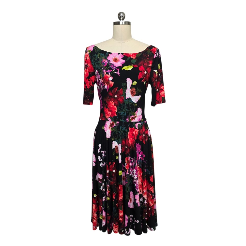 MARC BOUWER Floral Fit Flare Dress‎ Black Red Pink Short Sleeve Size 8